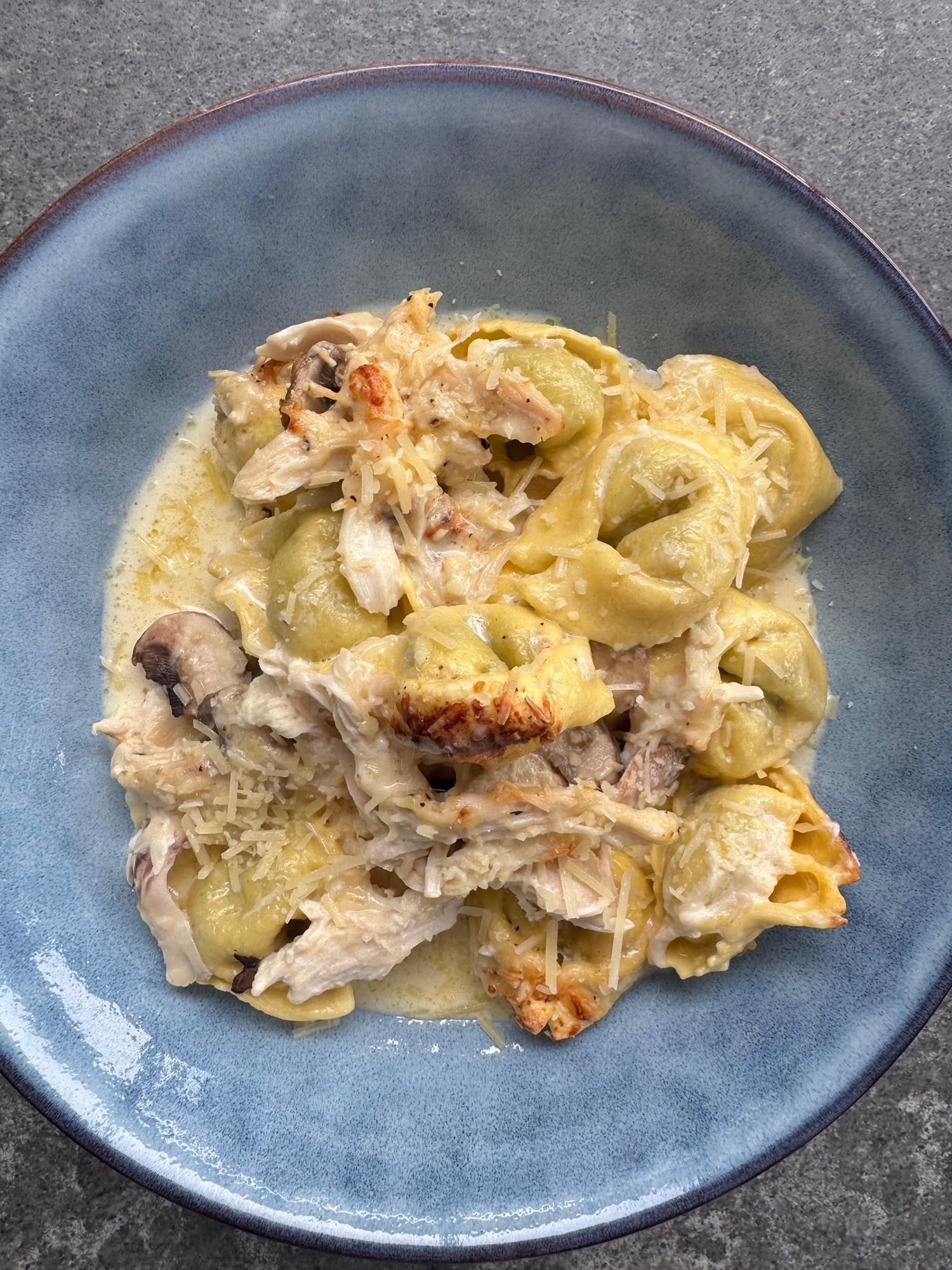 Creamy Baked Tortellini with Roast Chicken and Mushrooms